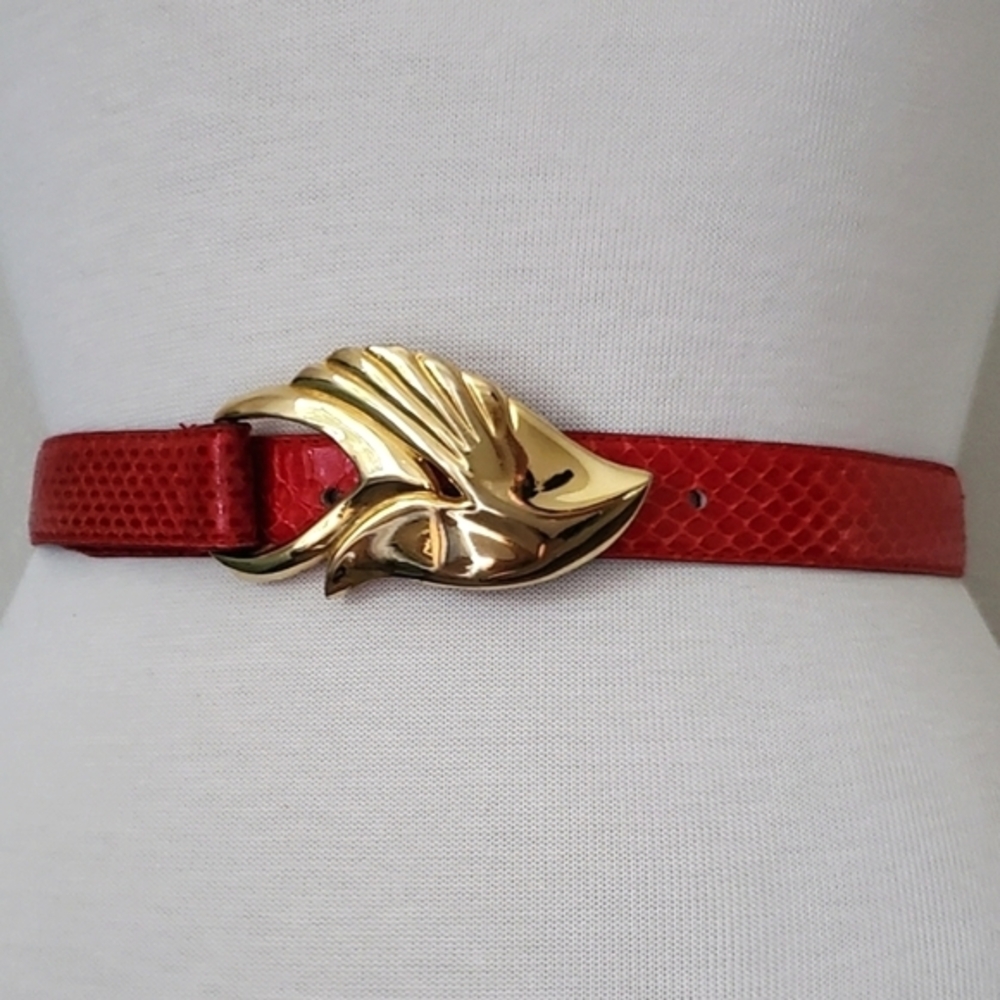 Vintage red leather gold hardware waist belt western art deco boho snake Small